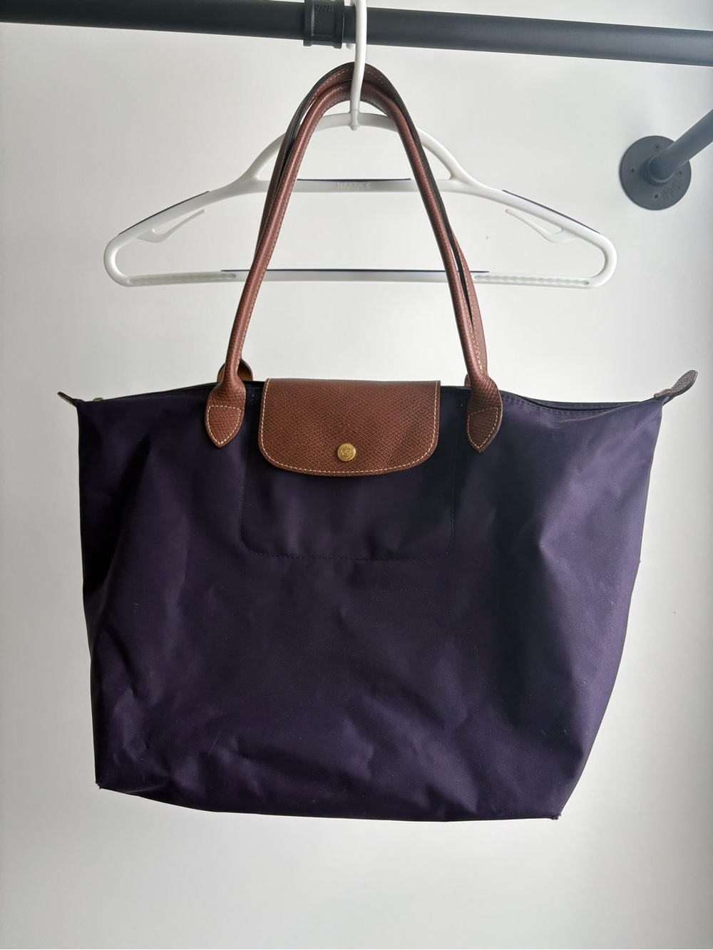 Longchamp Le Pliage Deep Purple Bag with Leather Handles, 12” base length